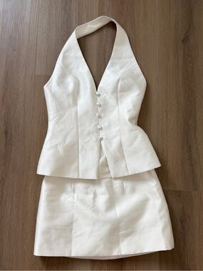 White Halter Neck Mini Dress with Button Front